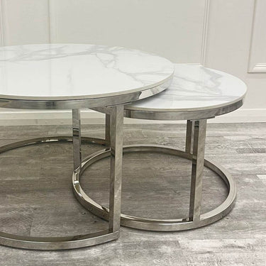 Cato Nest of 2 Short Round Coffee Tables - Silver Frame with Polar White Sintered Stone Tops - UK Luxury Furniture